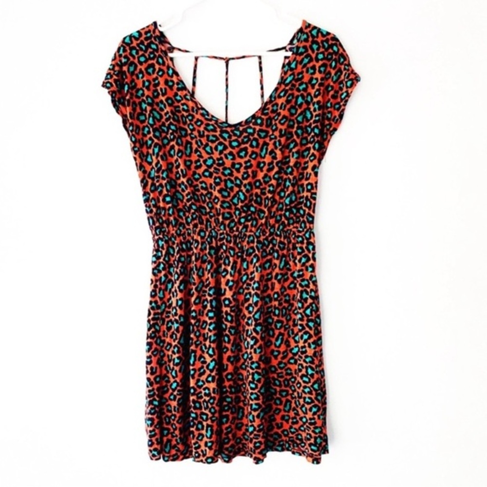 Neon Orange Teal Cheetah Print Mini Dress